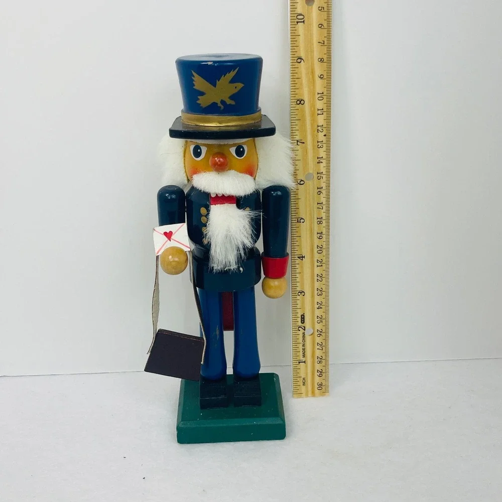 Vintage Wooden Mailman Nutcracker Postman with Letter and Mail Bag 10 Inch Blue